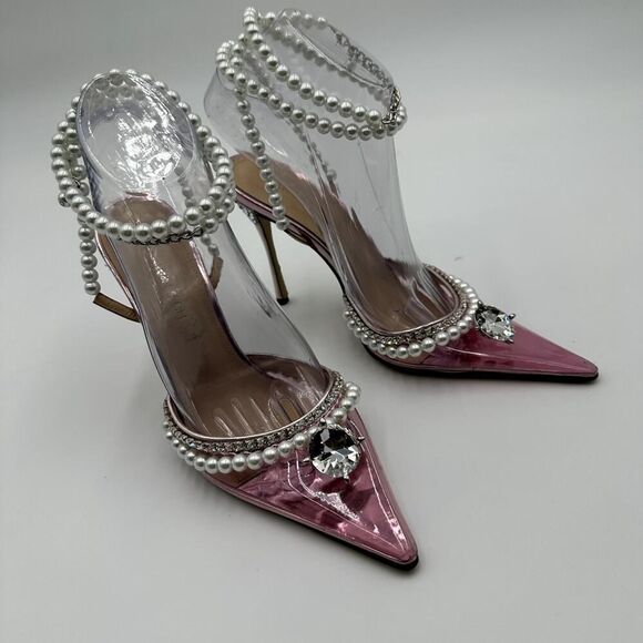 Mach & Mach Pink Crystals Embellishments Faux Pearls Ankle Straps Pumps Sz 37.5 - Picture 6 of 12